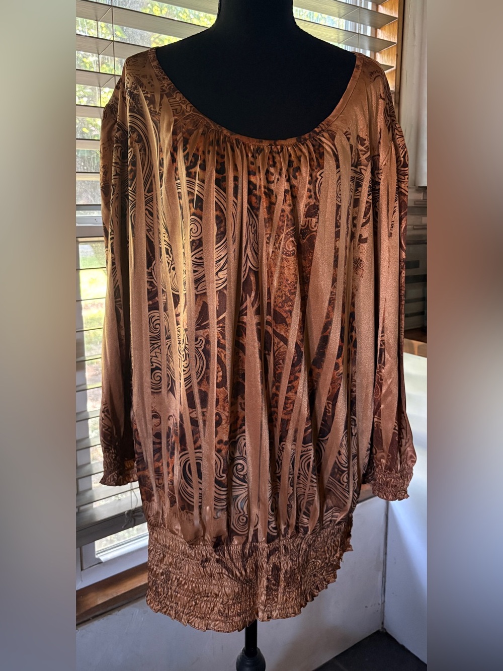 Cato Metallic Bronze Printed Peasant Blouse